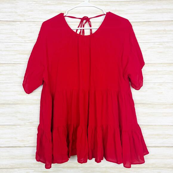 Asos Tiered Ruffle Tie Neck Short Sleeve Blouse Red - Picture 1 of 5